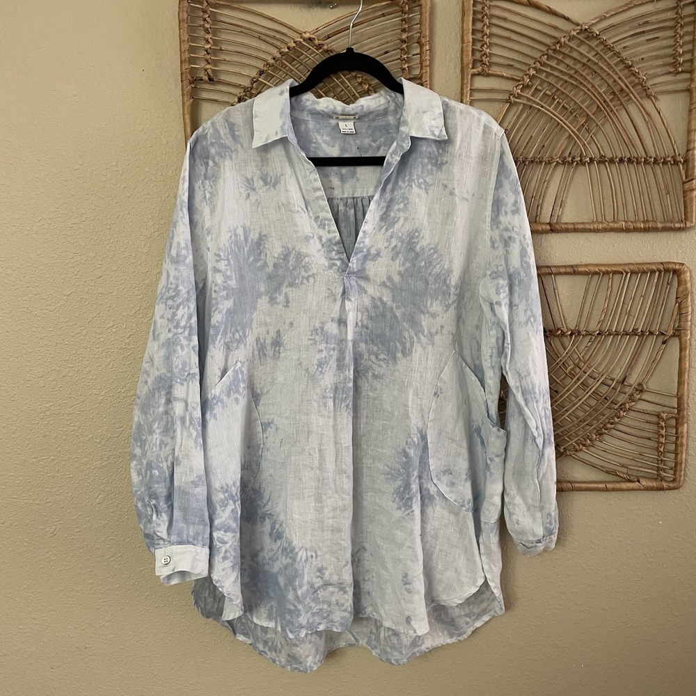 Magaschoni Blue Linen Tie Dye Shirt Tunic Pockets Beachy Coastal‎ Boho Sz L B1